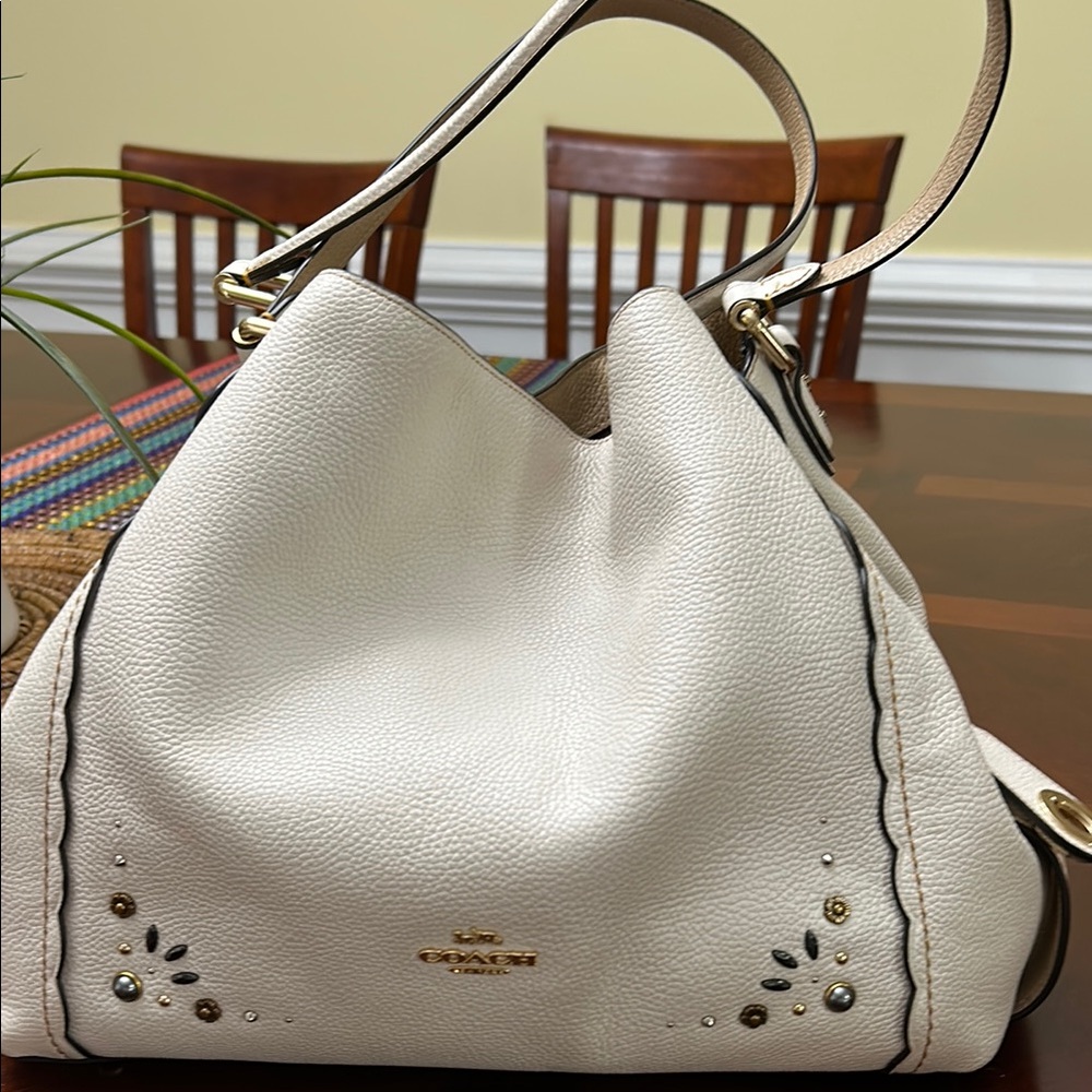 Coach Cream Leather Shoulder Bag with Floral Cutouts